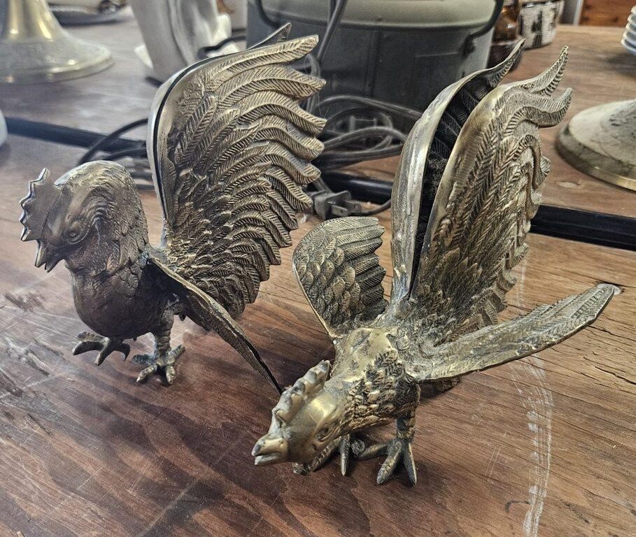 Pair Of 1970s Solid Brass Fighting Roosters