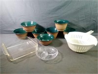 7 Green Glazed Terracotta Style Bowls, Vintage