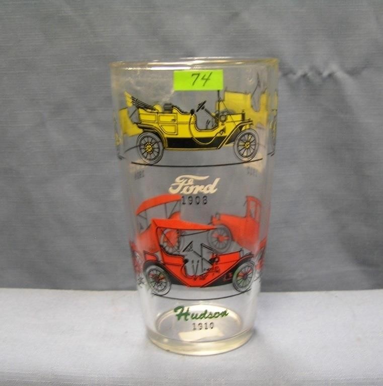 Antique automobile advertising drinking glass