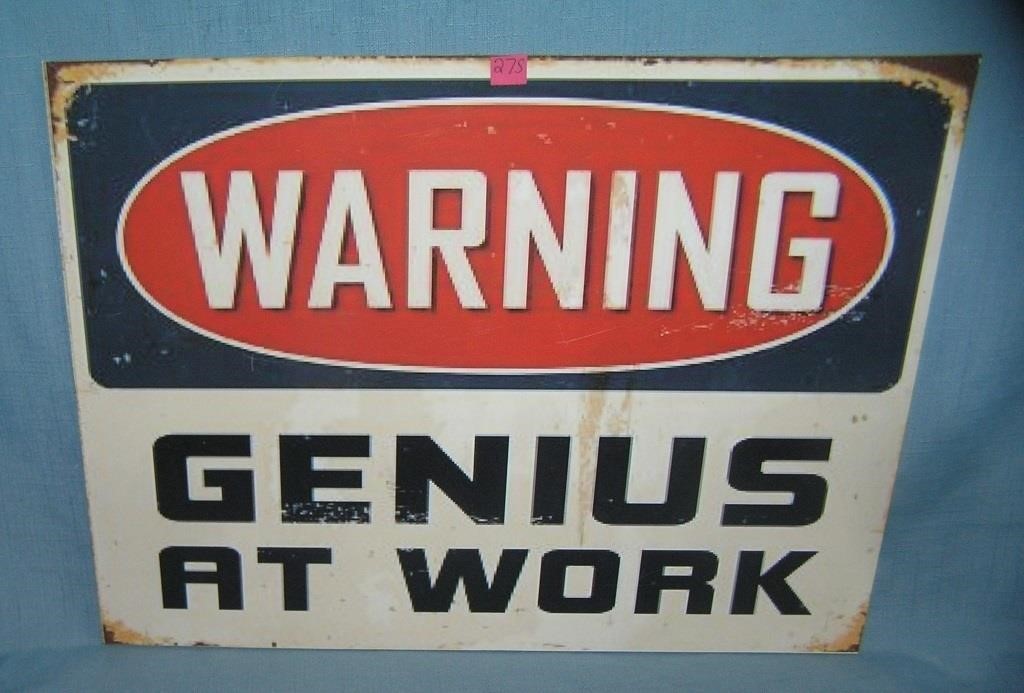 Warning Genius at work retro style advertising sig
