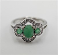 STERLING SILVER, EMERALD & CUBIC ZIRCONIA RING
