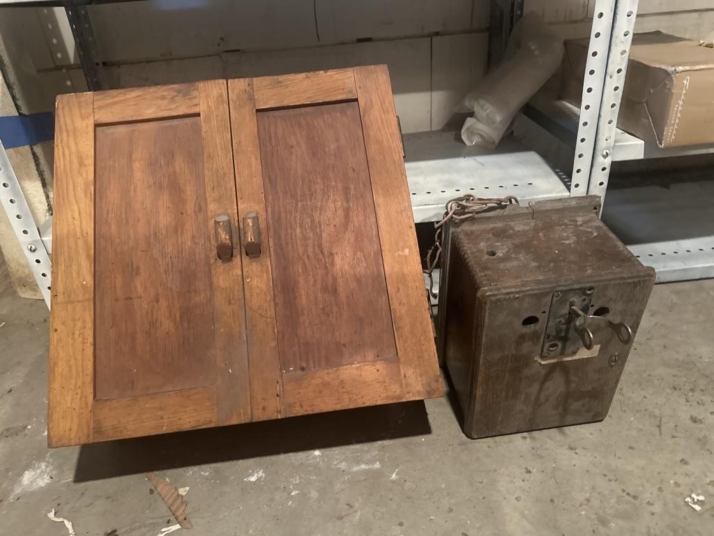 Vintage wooden medicine cabinet, part of phone