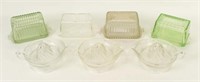 Four Depression Butter Dishes & 3 Juicers