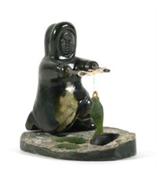 INUIT Green Soapstone Carving of Ice Fisherman