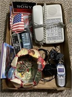 Box lot of misc items including home telephone,