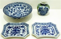 * Blue & White Bowl, 2 Trays & 1 Vase - Oriental