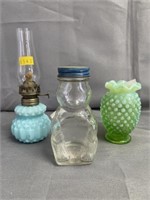 Miniature Fluid Light, Hobnail Vase, Syrup Bottle