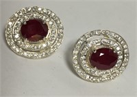 Pair Of Sterling Earrings, Red & Clear Stones