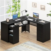 HSH Black L Shaped Desk with File Drawers