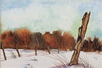 R. McMillen Watercolor of Snowy Field and Trees
