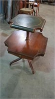 ANTIQUE 2 TIER TABLE W/INLAID LEATHER TOP