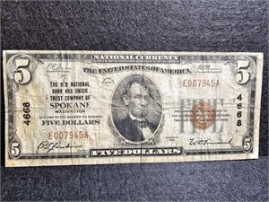 1929 $5 National Currency - Spokane, WA