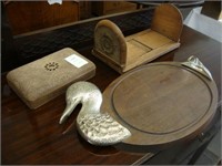 Carved book mill, a box and a duck cutting board.