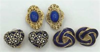 Vintage 3 Pairs Blue Elegant Clip Earrings Heart,