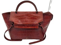 Maroon Croc Pattern Leather Top Handle Satchel Bag