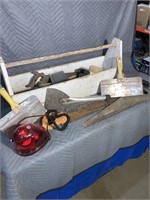 Wooden toolbox, quantity of hand saws, Emergency