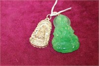 2pc Carved green stone pendant/Buddhas