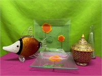 Hand Blown Glass Fish, Small Ceramic Lidded Jar +
