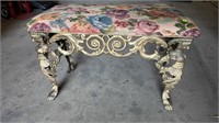 Upholstered Bench with Ornate Cast Iron Base