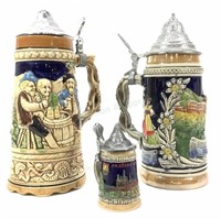 (3) Stoneware German Style Lidded Beer Steins