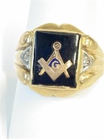 10K Gold & Diamonds Vintage Masonic Ring 9 Sz