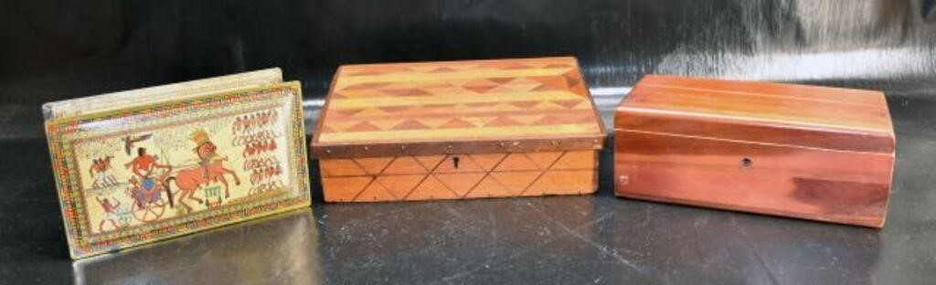 Three Vintage Wood And Tin Chests & Desk