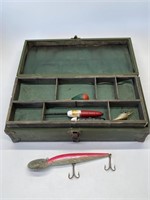 Vintage Wooden Tackle Box With Lures