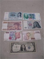 Lot of Vintage Foreign Currency & 1957 Silver