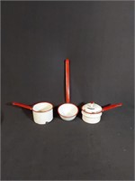 Vtg Red and White Enamel Kitchen Ladle and Pot