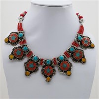 Tibet Hand Made Natural Turquoise & Coral Necklace