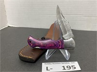 Damascus Style Knife w/Sheath approx 2.5" Folding