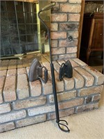 Fireplace iron and brass fire utensil and two