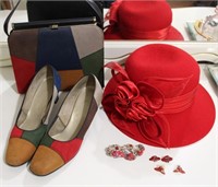 Red Hat Society Hat & Jewelry w/ Shoes & Hand Bag