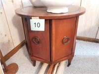 Mid Century round wooden end table, leather insert