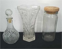 Vintage cut glass vase, cruet and a glass