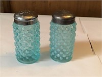BLUE HOBNAIL GLASS SALT AND PEPPER SHAKERS
