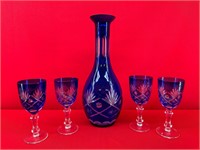 Cobalt Blue Etched Vase and Glasses Bohemian Style