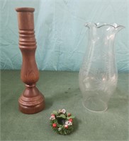 11" wooden candle holder, etched glass 9.25 "