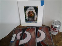 Pair of square stained glass and print