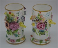 Two Spode flower & bird encrusted spill vases
