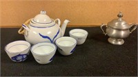 Vintage Green Tea Set Cobalt Blue Chinese Koy