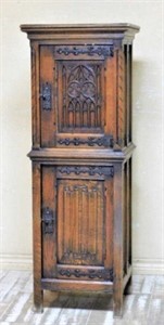 French Neo Gothic Tracery Carved Oak Cabinet.