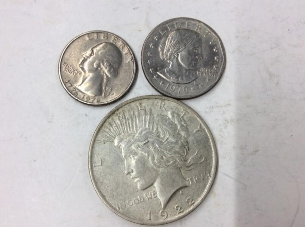 1922,$1, 1979 1/2 $, 1976 25 Cents U S A