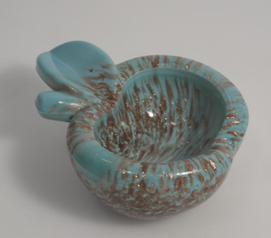 BLUE & BRONZE COLOURED GLASS APPLE TRINKET DISH