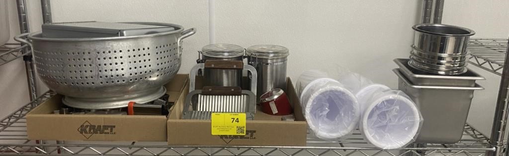 Shelf Contents:  Assorted Dishes Inc. Strainer,