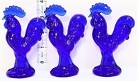 Lot of 3 miniature cobalt roosters