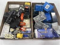 2 FLATS OF ELECTRICAL PLUGS, WALL BOXES AND MORE