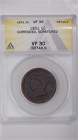 1851 Large Cent ANACS VF30 Details