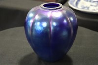 Iridescent Glass Blue Vase 7" Tall