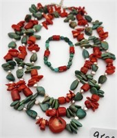 Coral Pearl and Turquoise Necklace & Earrings